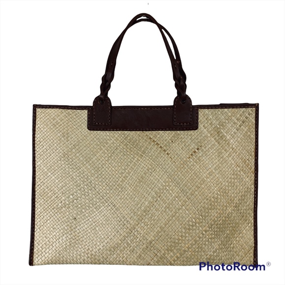 Inge Sport Handbags - Vintage Inge Sport Large Woven Straw Tote with Braided Leather Handles Trim 13”